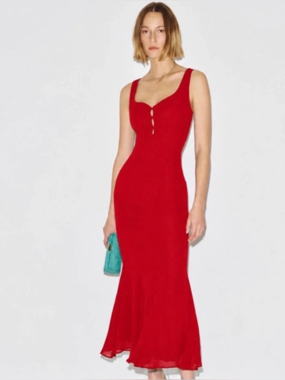 Reformation Red Fitted Midi Dress with Sweetheart Neckline